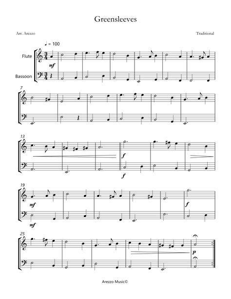 Greensleeves Flute And Bassoon Sheet Music Arezzo Sheet Music Arr