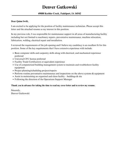 Facility Maintenance Technician Cover Letter Velvet Jobs