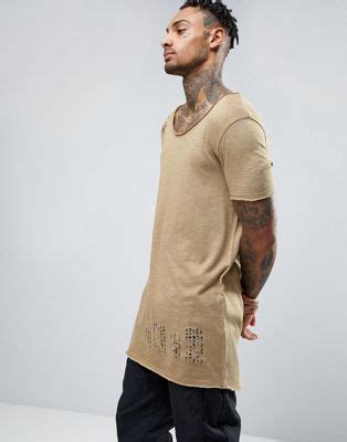 Asos Super Longline T Shirt With Scoop Neck And Distress In Beige