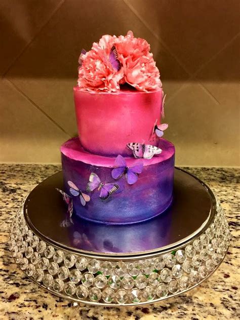 Ombré Airbrushed Purple And Pink Cascading Butterfly Cake With Fresh Flower Topper Girly Cakes