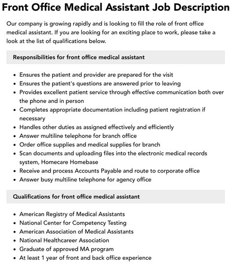 Front Office Medical Assistant Job Description Velvet Jobs