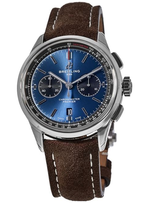 Breitling Premier B Chronograph Blue Dial Brown Leather Strap Men