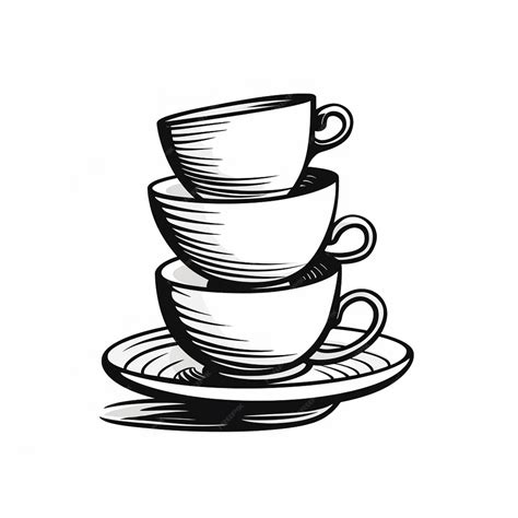 A drawing of a stack of three cups and saucers generative ai | Premium
