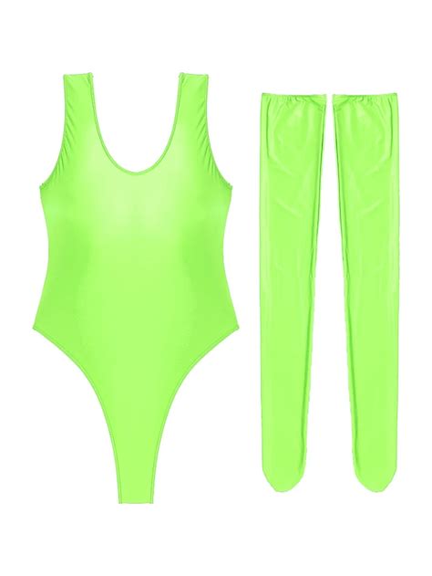 Women Shiny Glossy Stretchy Sleeveless High Cut Lingerie Bodysuit With