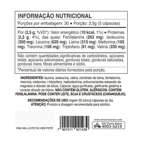 Nature H50 150 Cápsulas Aminoácidos Informação nutricional Nutricional