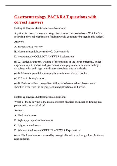 Gastroenterology PACKRAT Questions With Correct Answers