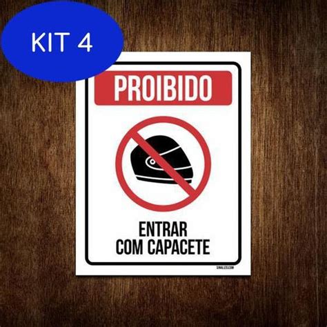 Kit 4 Placa Sinalização Proibido Entrar Capacete Sinalizo