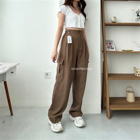 Jual Sivali Zoya Cargo Pants Highwaist Loose Cargo Celana Kargo