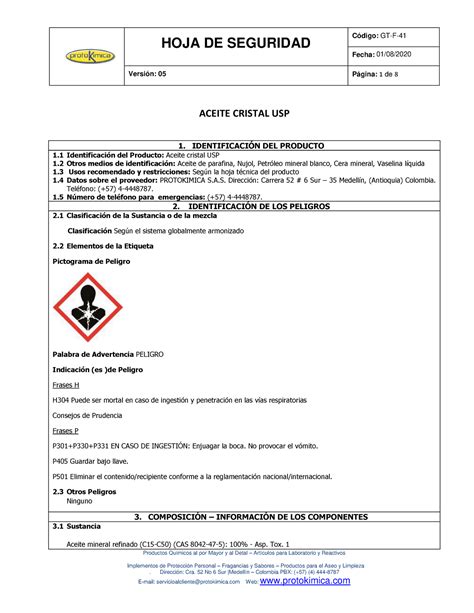 Aceite Cristal Ficha De Seguridad Hoja De Seguridad Fecha Versi N