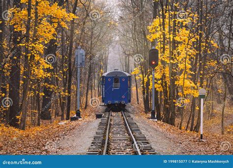 Old Vintage Blue Railway Train Back View On The Track Rails Goes Away