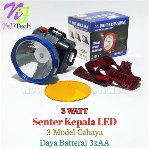 Jual Senter Kepala Headlamp Mitsuyama 3 Model Cahaya Daya Batterai 3 AA