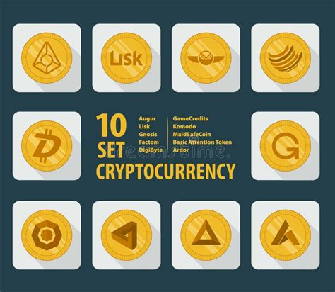 Set Of Ten Different Cryptocurrency Icons On A Light Background Stock