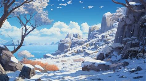 Premium Photo | Animeinspired Snow Scene With Trees And Rocks