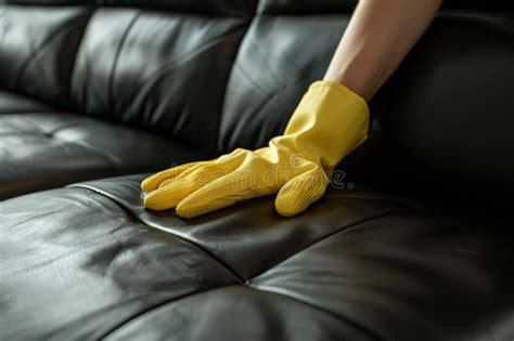 Woman Hand In Yellow Glove Cleaning Black Leather Sofa Stock Image