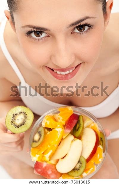 Close Smiling Girl Eating Fresh Fruit Stock Photo 75013015 Shutterstock