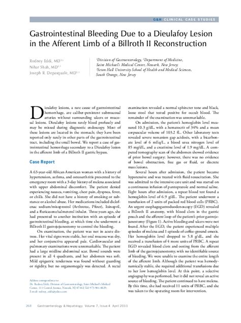 Pdf Gastrointestinal Bleeding Due To A Dieulafoy Lesion In The Afferent Limb Of A Billroth Ii