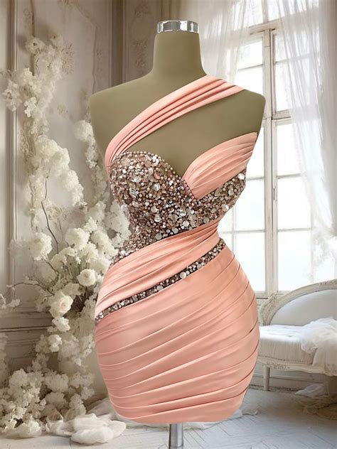 One Shoulder Short Prom Dresses For Teens 16 18 Sheath Pleated Homecoming Dresses Sparkly