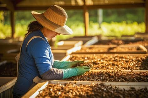 Cultivo De Insectos Con Una Agricultora Revisando Sus Productos En Una