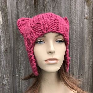 Chunky Knit Hat Cat Ears Pussy Cat Hat Pink Pussyhat Pink Etsy