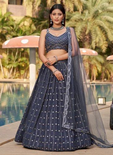 Indian Reception Wear Sequins And Mirror Work Lehenga In Grey At Rs