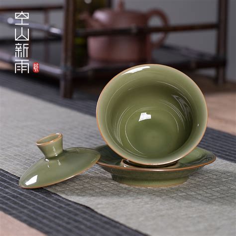 龙泉青瓷盖碗茶杯单杯陶瓷越窑仿古釉家用功夫茶具大号三才泡茶碗虎窝淘