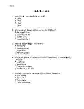 Th Grade California Gold Rush Quiz Assessment By Anthony Estrada