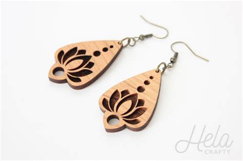 Wooden Laser Cut Earrings Handmade Wooden Earrings Lotus Flower Wooden