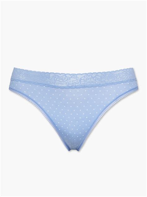 Cotton Essentials Lace Trim Mid Rise Thong Panty In Blue Multi