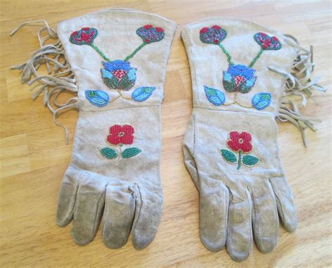 Antique Beaded Elk Hide Plateau Style Guantlet Gloves Native American