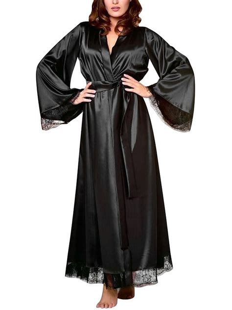 Enjiwell Women Sexy Satin Silk Sleepwear Lace Long Bride Kimono