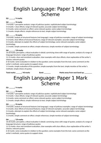 AQA English Language GCSE Paper 1 Student Friendly Mark Schemes and ...