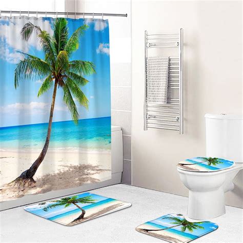 Pcs Shower Curtain Set Starfish Beach Sunset Travel Sand Blue Ocean