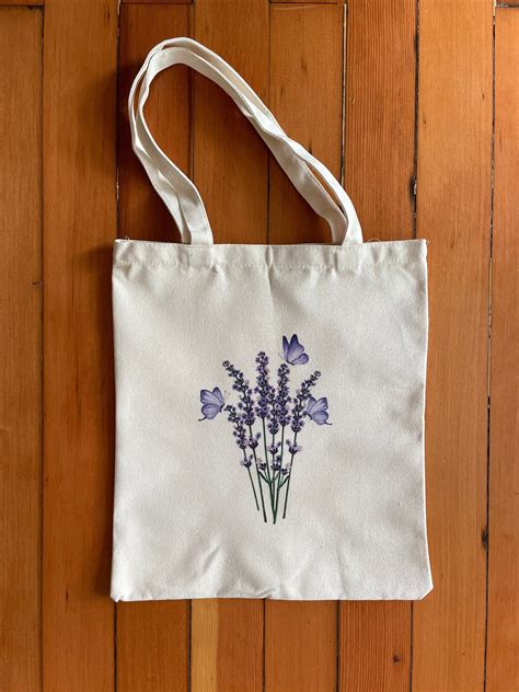 Lavender Butterfly Tote Bag Reusable Shoulder Bag Floral Flower Plant