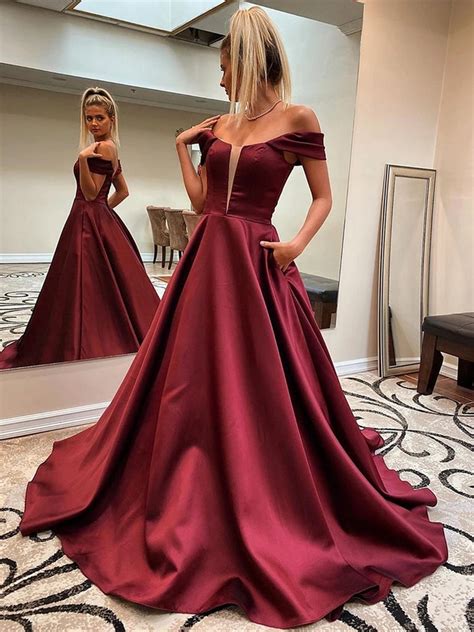 Custom Made Off Shoulder Burgundy Long Prom Dresses With Pocket Off S