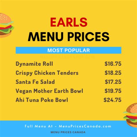 Earls Menu & Prices in Canada – 2024 – Menu Prices Canada