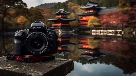 Dslr Camera Sits Up Against A Stone Wall With A Pond In The Background