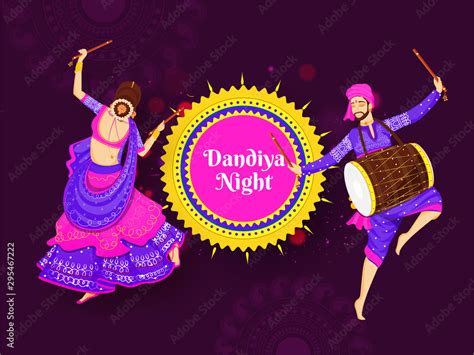 Illustration of woman dancing with dandiya stick and drummer playing ...