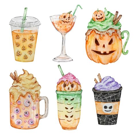 Premium Vector Watercolor Halloween Set Spooky Drinks And Coffee