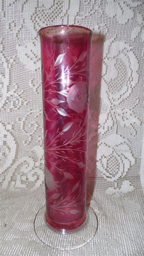 Vintage Tall Cranberry Glass Vase With Etched Floral Roses Leaves Design By Fabulousfinds1 On