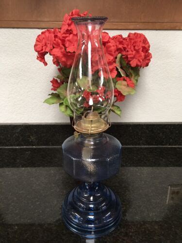 Vintage Plume Atwater Blue Glass Oil Lamp Ebay