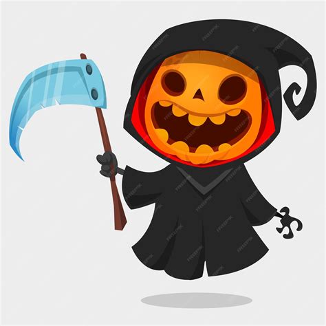 Premium Vector Grim Reaper Pumpkin Head Cartoon Character With Scythe Halloween Jack O Lantern