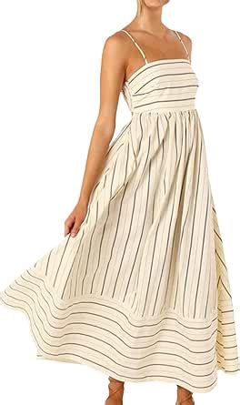 Generic Women Striped Sleeveless Maxi Dress Swing Cutout Midi Dress