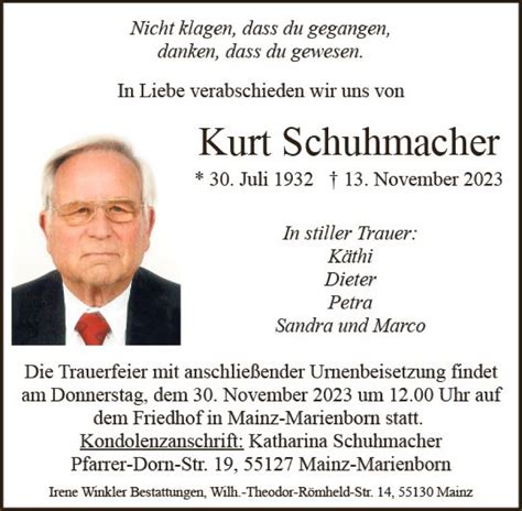 Traueranzeigen Von Kurt Schuhmacher Vrm Trauer De