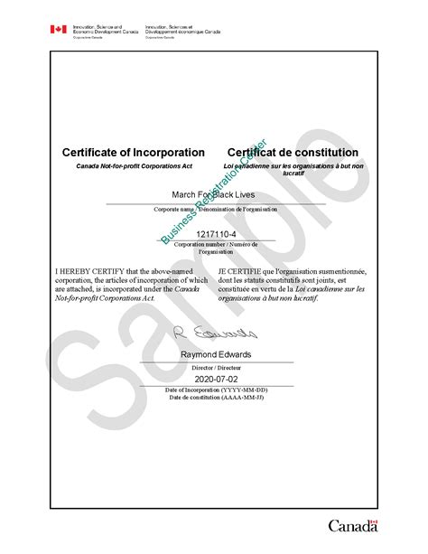 Sample For Certificate Of Incorporation (Non Profit) - Business ...