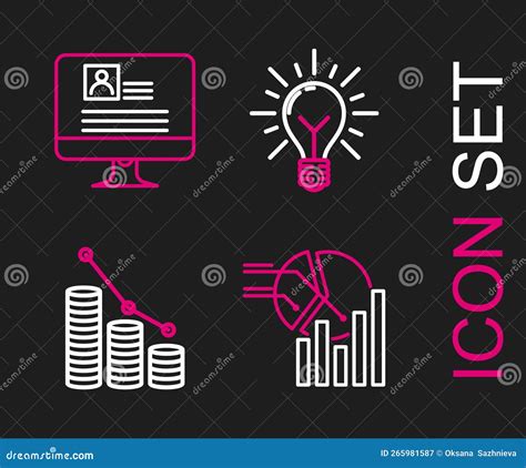 Set Line Pie Chart Infographic And Coin Light Bulb With Rays Shine