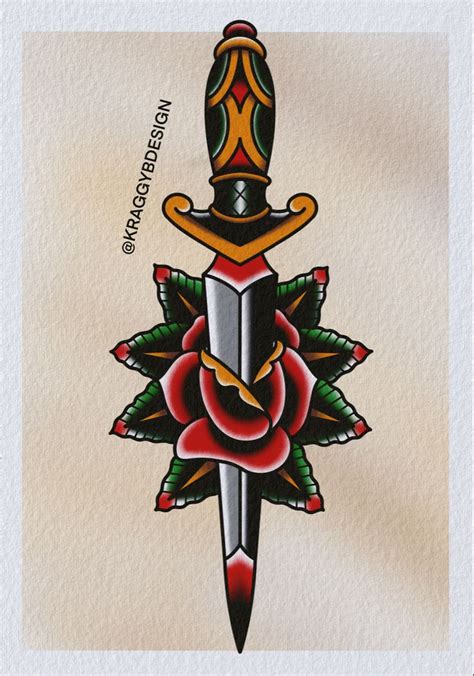 Sailor Jerry Dagger Rose Traditional Tattoo Flash Print Traditional