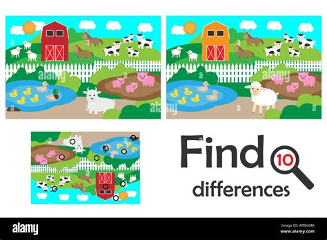 Find 10 Differences Game For Children Farm With Animals Cartoon