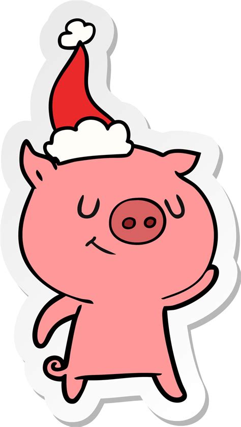 Happy Sticker Cartoon Of A Pig Wearing Santa Hat 11118936 Vector Art At