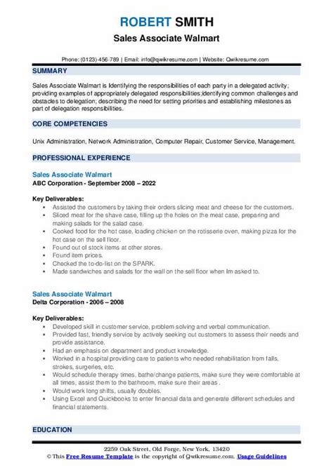 Sales Associate Walmart Resume Samples Qwikresume