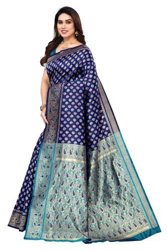 Navy Blue Printed Jacquard Silk Saree M With Blouse Piece At Rs